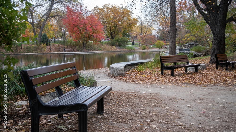 A peaceful city park in autumn, with colorful trees and a pond reflecting the vibrant foliage A peaceful city park in autumn, with colorful trees and a pond reflecting the vibrant foliage