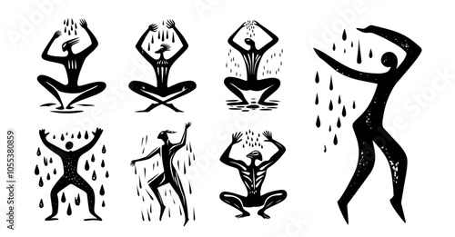 abstract figures dancing in rain, expressive black vector illustration se
