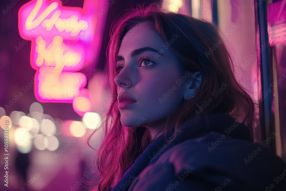 A woman stands in front of a bright neon sign, perfect for advertising or promotion concepts A woman stands in front of a bright neon sign, perfect for advertising or promotion concepts