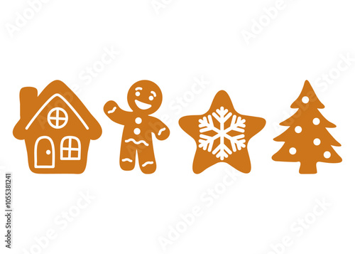 Colección de postres de Navidad. Grupo de figuras de pan de jengibre: hombre saludando, casa, estrella y árbol de navidad 