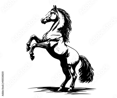 powerful rearing horse silhouette, black vector illustration