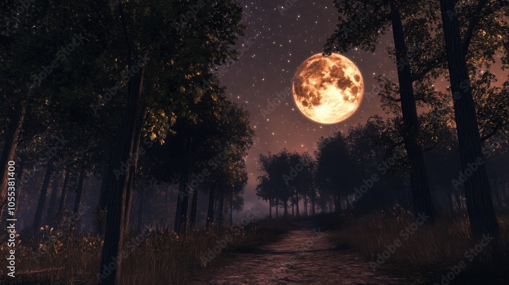 A quiet forest under a starry night sky, with a full moon casting soft light on the trees A quiet forest under a starry night sky, with a full moon casting soft light on the trees