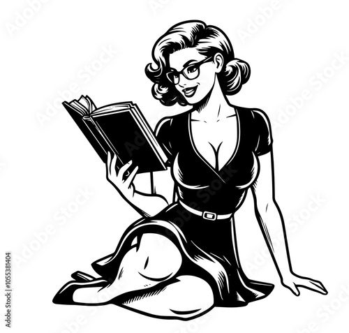 vintage pin-up girl reading a book, stylish black vector illustration