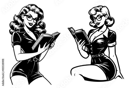 classic pin-up woman with glasses and book, black vector art
