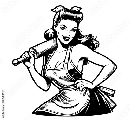 Vintage housewife character in classic pin-up style black vector
