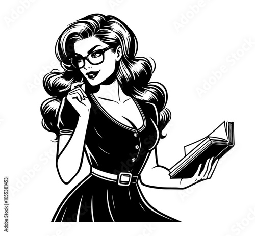 elegant pin-up girl with book and glasses, vintage black vector