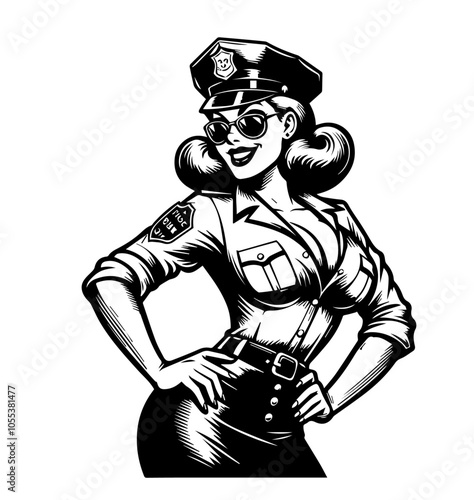 Stylized female officer in pin-up style – retro black vector illustration