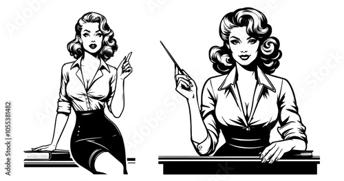 Set of retro women illustrations in vintage pin-up style – black vector