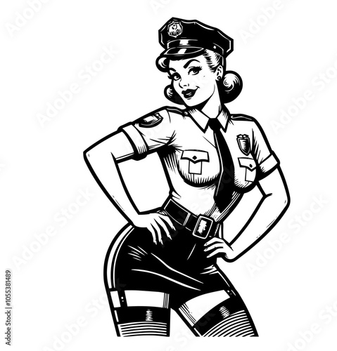 Stylized female officer in pin-up style – retro black vector illustration