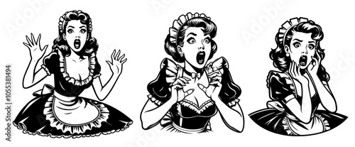 stylish vintage maids in pin-up style – black and white illustration