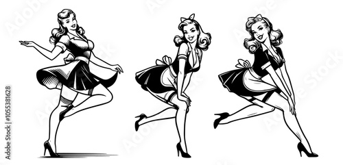 stylish pin-up girls in maid outfits, vintage black vector design