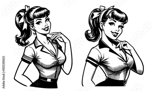 cheerful pin-up girl with ponytail – classic retro black vector