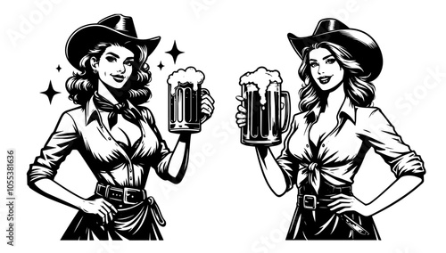 classic pin-up girl dressed as a cowgirl, wearing a cowboy hat, perfect for western-themed designs black vector