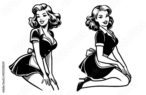 retro pin-up maid illustrations in classic poses, black vector art