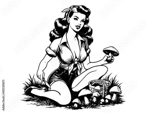 unique cartoon-style illustration of a pinup girl mushroom forager, celebrating charm and confidence in a creative line art design black vector