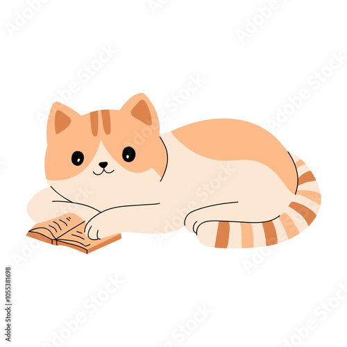 Cute cat reading book . Funny orange fat cat in glasses relaxing. Hand drawn vector illustration for kids. Flat design.