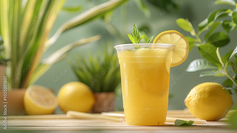 Sugarcane juice in plastic cup with abstract background whit lemon and plants on background Sugarcane juice in plastic cup with abstract background whit lemon and plants on background
