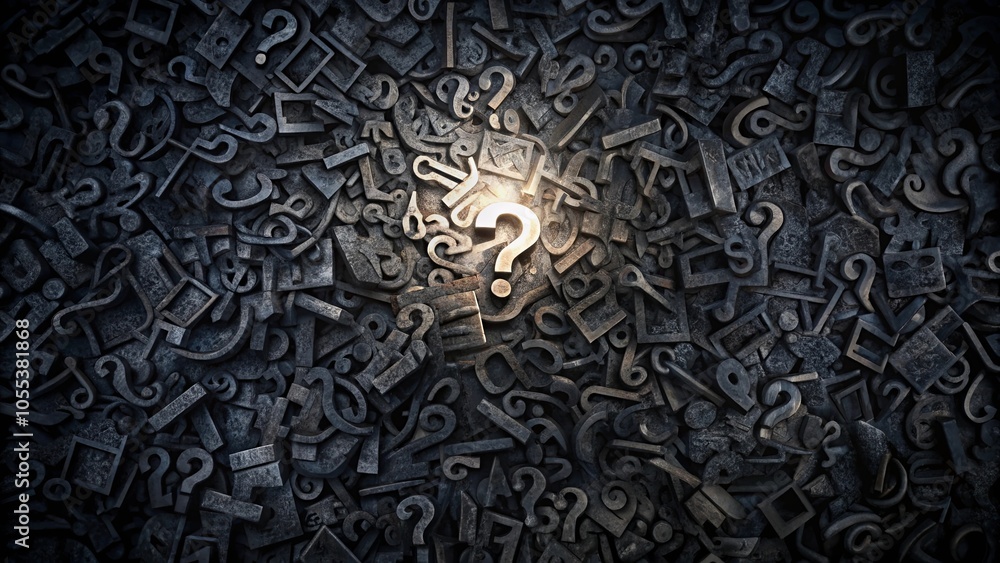 A single question mark shines brightly amidst a sea of darkened symbols, symbolizing the search for answers and the power of knowledge. A single question mark shines brightly amidst a sea of darkened symbols, symbolizing the search for answers and the power of knowledge.