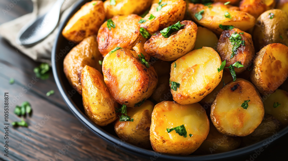 Close-up of a bowl containing roasted potato halves garnished with fresh chopped herbs on a wooden surface Close-up of a bowl containing roasted potato halves garnished with fresh chopped herbs on a wooden surface