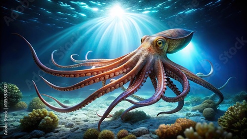 A giant squid sitting on the ocean floor with glowing bioluminescent spots, giant squid, aquatic animal photo