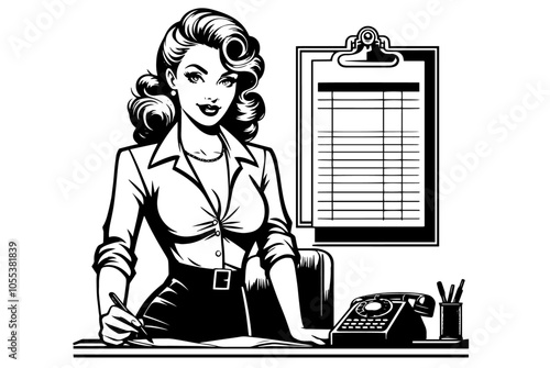 expressive retro pin-up woman , capturing charm and style in a classic business look black vector