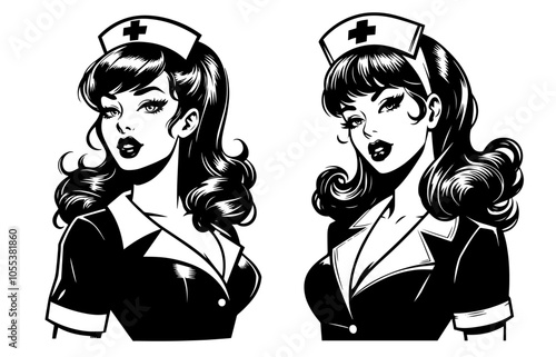 expressive illustration of a sexy pinup nurse, blending flirtation with professionalism in a fun design black vector