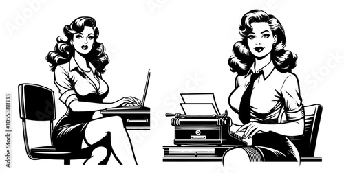 confident retro pin-up secretary , ideal for vintage office and business-themed graphics black vector