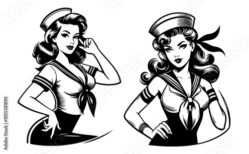 whimsical representation of a pinup girl in sailor outfit, highlighted in dynamic line art style for a playful and engaging visual black vector