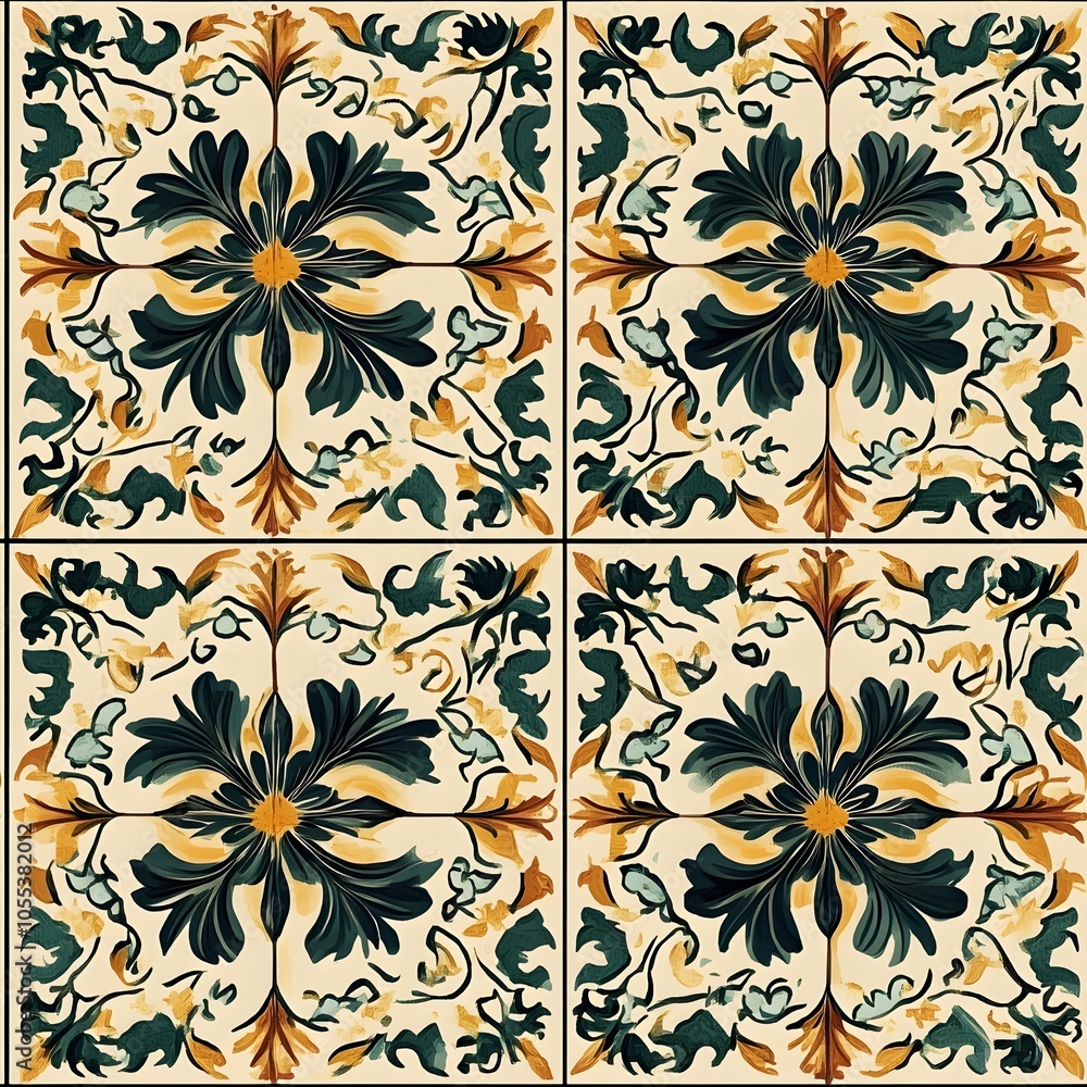 Fototapeta premium Intricate Medieval Tile Design with Vibrant Colored Floral Patterns and Ornaments