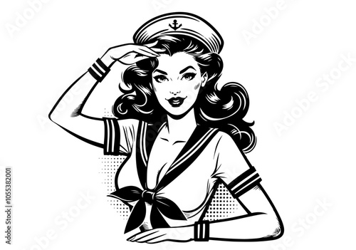 eye-catching line art illustration of a sexy pinup sailor, merging classic pinup aesthetics with a contemporary nautical theme black vector