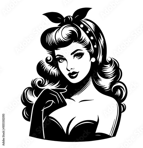 retro pin-up girl in casual outfit – black and white vector art