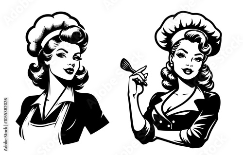 adorable sexy pinup girl wearing a chef's hat, illustrated in charming line art style, blending culinary flair and playful allure black vector