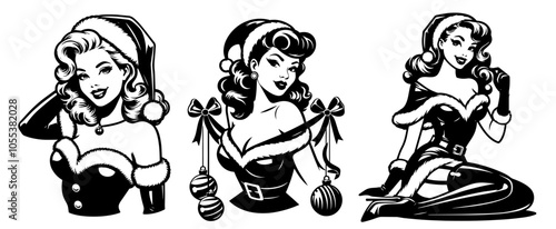 stylish pin-up girl in festive santa attire black vector
