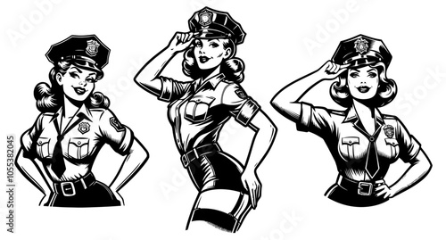 seductive line art of a pin-up girl in police uniform, blending classic beauty with cartoon charm black vector