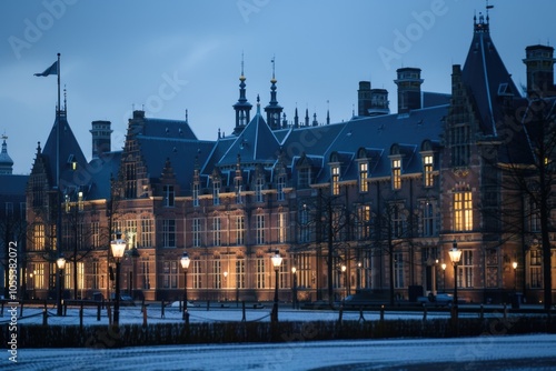 A large city hall building with a prominent clock tower, suitable for use in urban and municipal settings