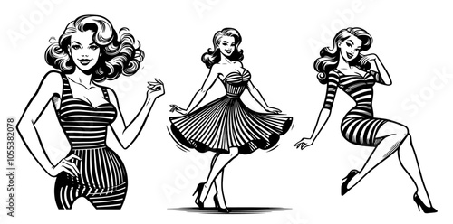 cheerful pin-up girl with bow in hair – vintage vector art