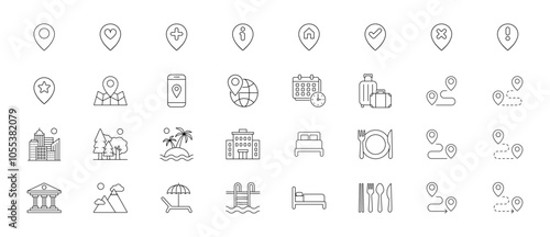 destination landmark travel location pin icon vector tourist attractions sightseeing walking trail route transportation gps map tour guide road trip vacation flight hotel check in check point stop by 