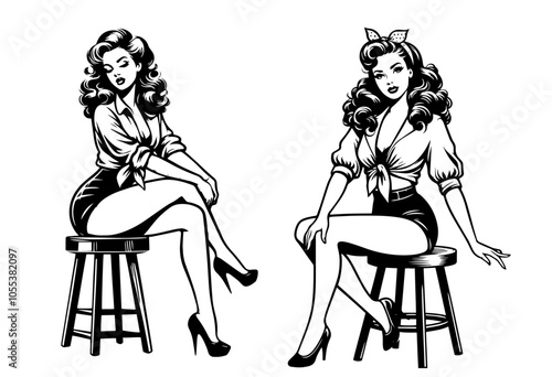 vintage pin-up girl portrait in line art, ideal for retro-inspired branding and promotional materials black vector