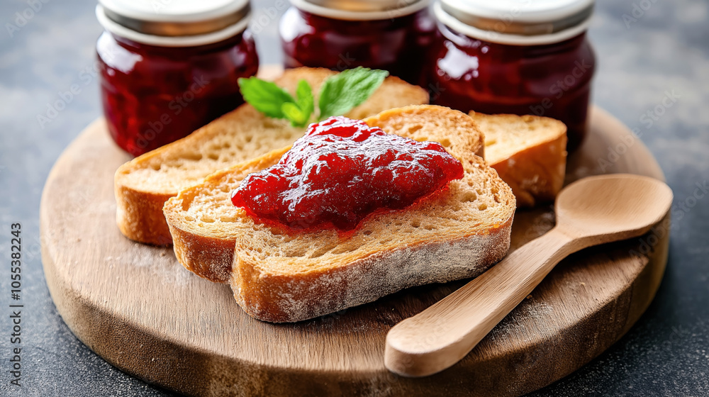 Slices of toasted bread topped with strawberry jam on a wooden board with a wooden spoon, and jars of jam in the background. Slices of toasted bread topped with strawberry jam on a wooden board with a wooden spoon, and jars of jam in the background.