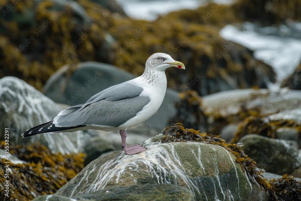A seagull standing on a rock in the water, perfect for coastal or ocean-themed projects A seagull standing on a rock in the water, perfect for coastal or ocean-themed projects