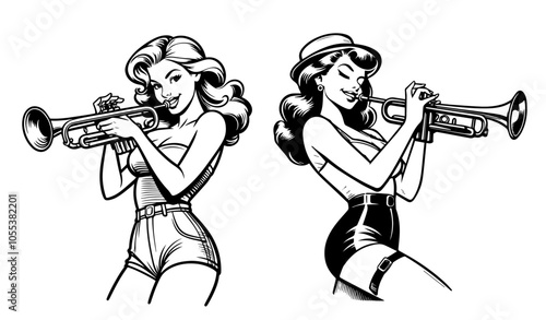 playful pin-up woman with trumpet – vintage black illustration