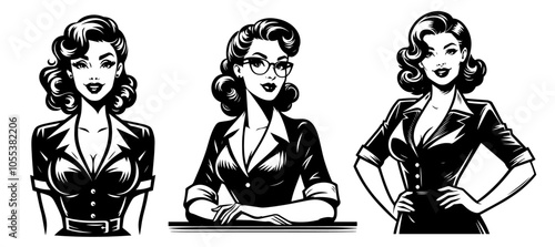 Set of retro women illustrations in vintage pin-up style – black vector
