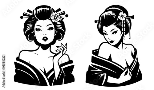 beautiful geisha illustrations with floral hair accessories, black vector