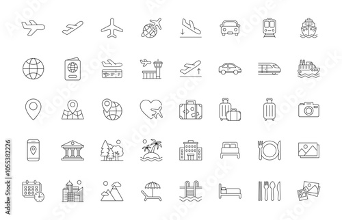 travel icon set vacation tour holiday destination map vector transportation flight guide journey tourist symbol hotel check in airport landmark tourist attractions road trip gps location backpack car