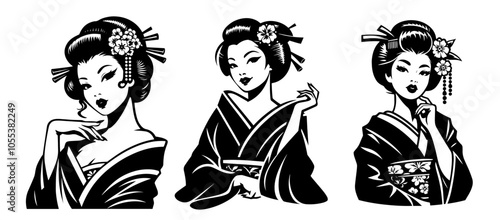 classic geisha portraits in elegant kimonos, black vector artwork
