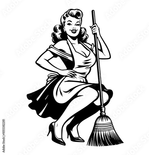 Vintage housewife character in classic pin-up style black vector