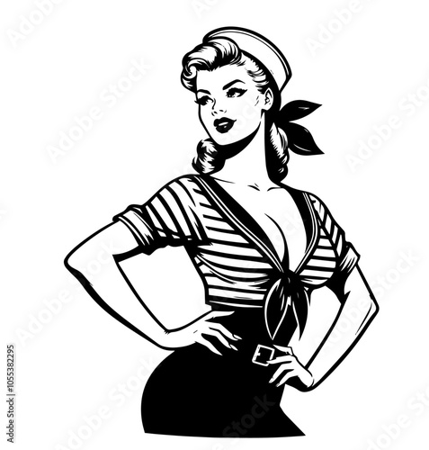 retro pin-up girl vintage comic style – black and white vector graphic 