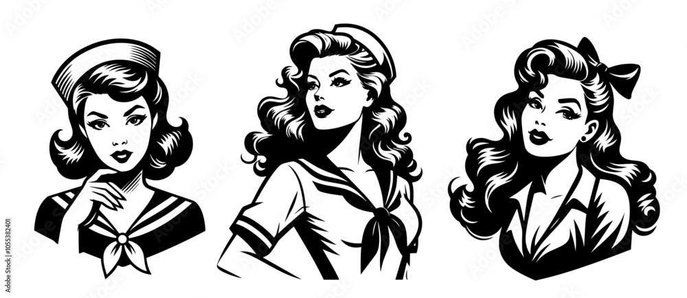 Classic retro female military characters with gun and salute pose vector Classic retro female military characters with gun and salute pose vector