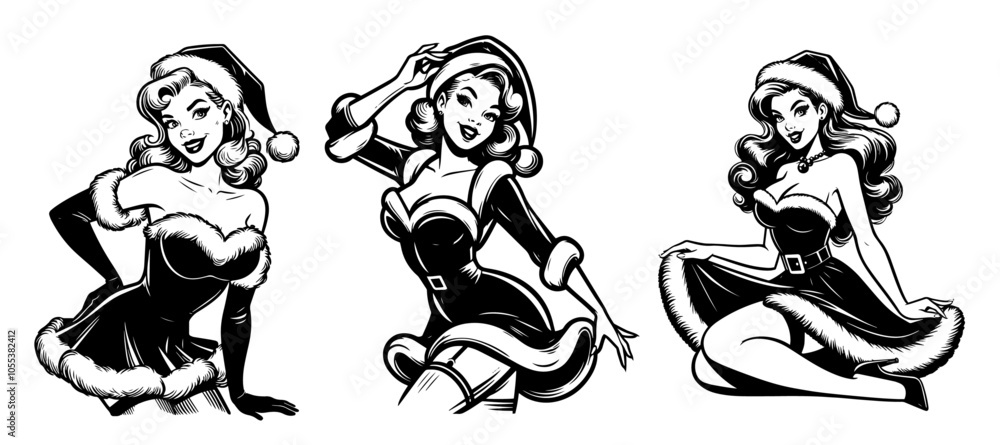 Fototapeta premium retro santa girl in christmas pin-up style black vector