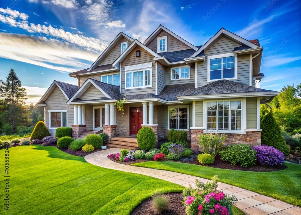 Beautiful Modern Suburban House with Spacious Lawn and Elegant Exterior Design for Real Estate and Architecture Beautiful Modern Suburban House with Spacious Lawn and Elegant Exterior Design for Real Estate and Architecture